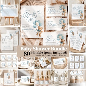 Könnte beinhalten: Eine Sammlung von Babyparty-Papeterie und Dekorationen. Die Designs zeigen einen Teddybären, der blaue Luftballons hält. Zu den Artikeln gehören Einladungen, Schilder und Cupcake-Topper. Der Text enthält "Baby Shower Bundle" und "Oh We Can Bearly Wait".