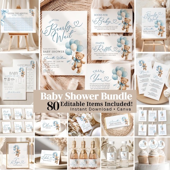 We Can Bearly Wait Baby Shower Bundle, Baby Boy Blue Teddy Bear, Editable Canva Template Set, Boho Minimal, Invitations Games Welcome Sign