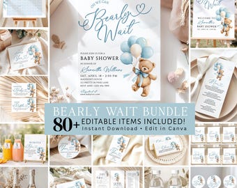 Bearly Wait Baby Shower Bundle Boy, Bear Balloon Shower Games Bundle, Baby Shower Bundles Boys, Blue Teddy Bear Editable Canva