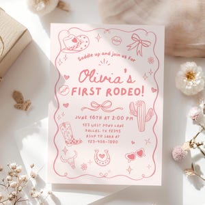 My First Rodeo Invitation, First Rodeo Birthday Invitation Template, Girl Cowgirl 1st Birthday, Editable Canva 5x7 + Phone image 1
