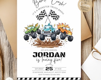 Invito di compleanno Monster Truck Jam - Modello Canva modificabile (5x7 + telefono)