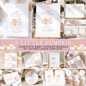 A Little Pumpkin Baby Shower Bundle, Pink Bow Fall Baby Shower Invitation, 80+ Editable Canva Templates, Games, Signs & Decorations