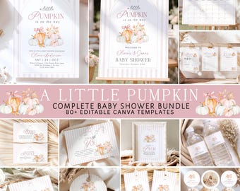 A Little Pumpkin Baby Shower Bundle, Pink Bow Fall Baby Shower Invitation, 80+ Editable Canva Templates, Games, Signs & Decorations