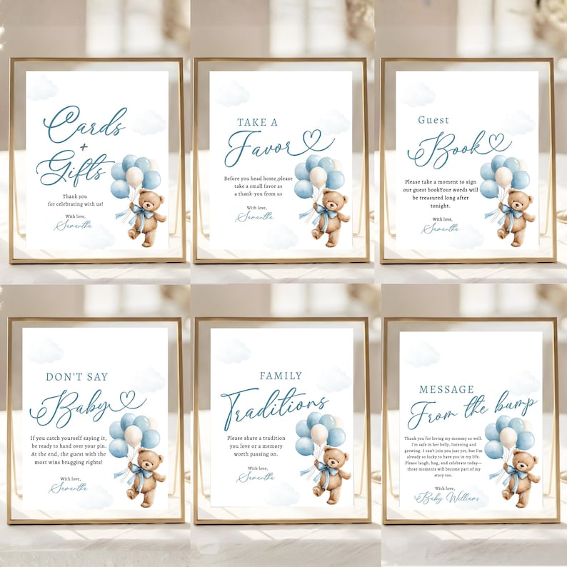 May include: Set of six framed signs with gold borders. Each sign features a watercolor teddy bear holding blue balloons. Text on the signs includes "Cards + Gifts," "Take a Favor," "Guest Book," "Don't Say Baby," "Family Traditions," and "Message From the Bump."