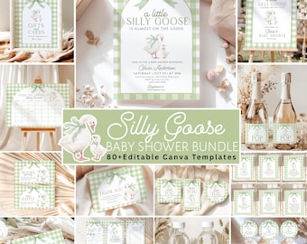 May include: A baby shower stationery bundle featuring a green and white gingham pattern, illustrations of geese with green bows, and text including A little silly goose is almost on the loose, Gifts and Cards, Thank You, and various game templates.