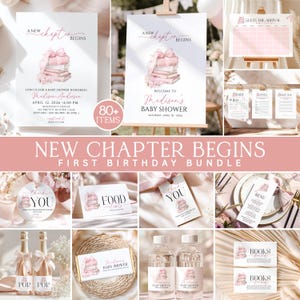 Next Chapter Begins Baby Shower Bundle, Pink Storybook Library Theme, New Chapter Invitation, Editable Games Pack, Girl Book Baby Shower