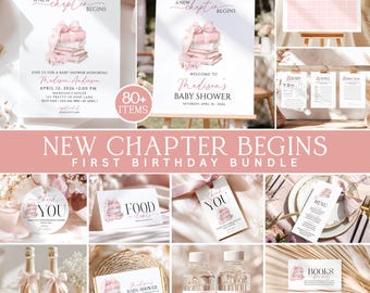 Next Chapter Begins Baby Shower Bundle, Pink Storybook Library Theme, New Chapter Invitation, Editable Games Pack, Girl Book Baby Shower