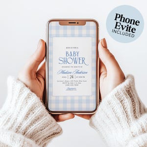 Blue gingham baby shower phone evite template displayed on a mobile phone with matching digital invitation included for easy sharing.