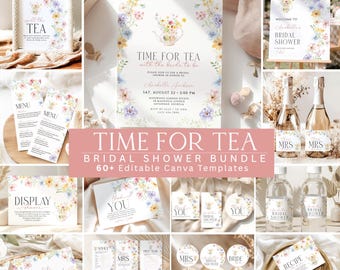 Tea Party Bridal Shower Bundle: Floral Invitations, Games & Signs, Editable Canva Templates