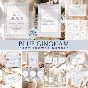 Blue gingham baby shower bundle with editable Canva templates, including invitation, welcome sign, games, menus, favor tags, labels, thank you cards and party decorations.