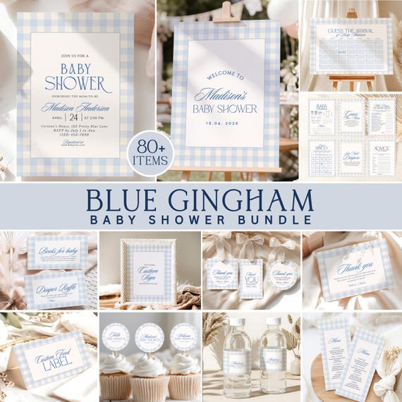Blue Gingham Baby Shower Invitation Bundle, 80+ Editable Canva Templates, Boy Shower Printable Games Signs Decor Kit