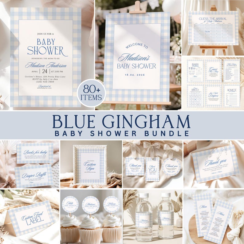 Blue gingham baby shower bundle with editable Canva templates, including invitation, welcome sign, games, menus, favor tags, labels, thank you cards and party decorations.
