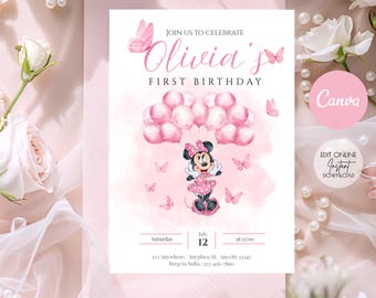 Minnie Mouse 1st Birthday Invitation: Pink Balloons, Editable Canva Template (Digital Download)