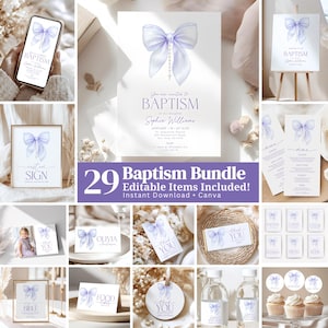 May include: A collection of baptism-themed stationery and decorations in soft lavender and white. Includes invitations, signage, place cards, favor tags, water bottle labels, and cupcake toppers. The designs feature a watercolor bow and cross. The text reads "Baptism" and "Thank You".