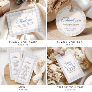 May include: A collection of baby shower stationery featuring a light blue and white gingham border. Items include a 5x3.5 inch thank you card, a 2x2 inch round thank you tag, a 4x9 inch menu, and a 2x3.5 inch rectangular thank you tag with blue text.