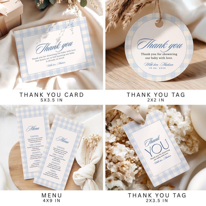 May include: A collection of baby shower stationery featuring a light blue and white gingham border. Items include a 5x3.5 inch thank you card, a 2x2 inch round thank you tag, a 4x9 inch menu, and a 2x3.5 inch rectangular thank you tag with blue text.