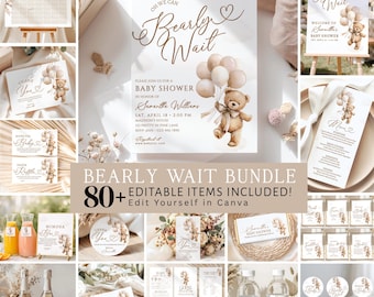 Bearly Wait Baby Shower Bundle Neutral, Boho Bear Balloon Games Bundle, Gender Neutral Teddy Bear Editable Canva, Boho Bear Decorations