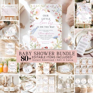 Puede incluir: Un paquete para baby shower con más de 80 artículos editables con temática de flores e insectos. La papelería incluye invitaciones, menús, letreros y etiquetas decoradas con flores, mariquitas, abejas y mariposas en tonos suaves.