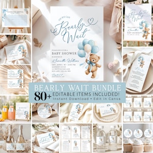 Bearly Wait baby shower bundle boy, editable Canva template set with 80+ items including teddy bear blue balloon invitation, games, welcome sign, labels, instant download