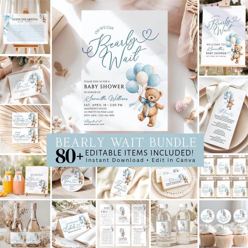 Bearly Wait baby shower bundle boy, editable Canva template set with 80+ items including teddy bear blue balloon invitation, games, welcome sign, labels, instant download