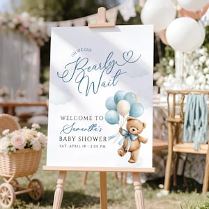 Bearly Wait baby shower welcome sign boy, blue teddy bear balloon watercolour, editable Canva template, multiple sizes 8x10 16x20 18x24 24x36 A1