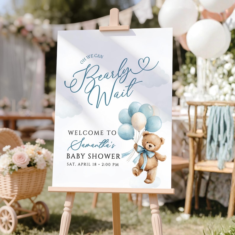 Bearly Wait baby shower welcome sign boy, blue teddy bear balloon watercolour, editable Canva template, multiple sizes 8x10 16x20 18x24 24x36 A1
