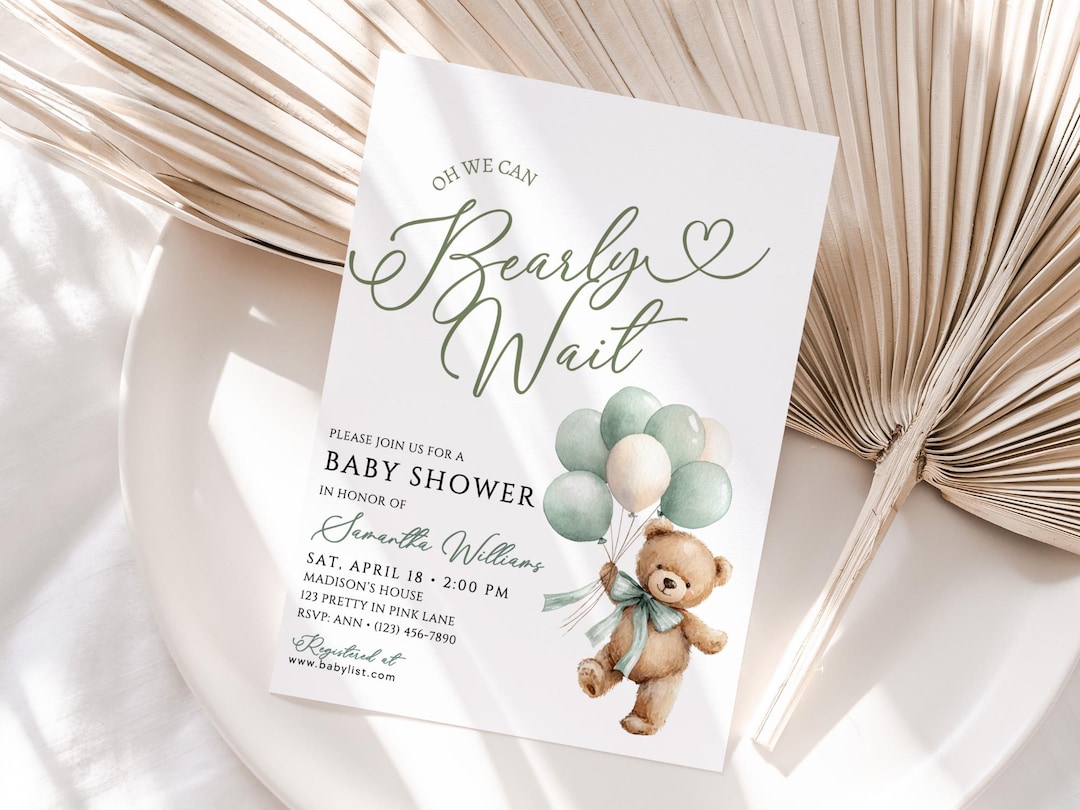 Teddy Bear Baby Shower Invitation, We Can Bearly Wait Baby Invite, Sage ...