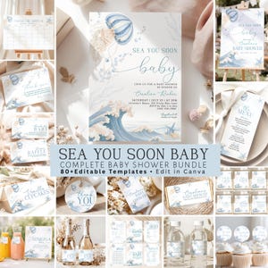 May include: A collection of baby shower stationery templates featuring a nautical theme with blue waves, seashells, and a jellyfish illustration. The designs include invitations, menus, thank you tags, and signs with text like Sea You Soon baby.