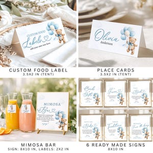 May include: A collection of baby shower decorations featuring a teddy bear and blue balloons. Includes custom food labels, place cards, a mimosa bar sign, and ready-made signs. The labels are 3.5x2 inches, and the signs are 8x10 inches.