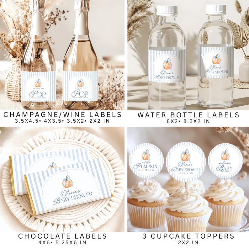 Puede incluir: Un conjunto de art&iacute;culos para baby shower con un patr&oacute;n de rayas azul claro y blanco y una ilustraci&oacute;n de calabaza en acuarela. Incluye etiquetas para botellas de champ&aacute;n y agua, envoltorios de chocolate y adornos redondos para cupcakes.