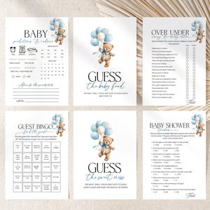 Baby shower games bundle boy, teddy bear blue balloon theme, 38 editable Canva games including bingo, guess the arrival, over under, instant download