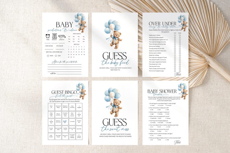 Baby shower games bundle boy, teddy bear blue balloon theme, 38 editable Canva games including bingo, guess the arrival, over under, instant download