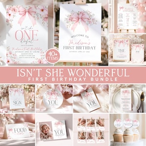 Isn’t She ONEderful Birthday Bundle, 43 Pink Bow Coquette Templates, First Birthday Suite, Girl 1st Bday Decor, Editable Canva