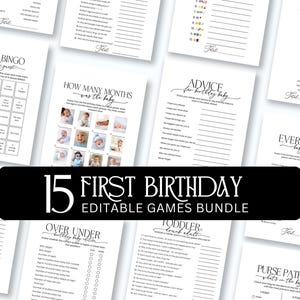 Puede incluir: Un conjunto de 15 juegos imprimibles para el primer cumpleaños, incluyendo bingo y tarjetas de consejos. El diseño es minimalista en blanco y negro. Ideal para una fiesta de primer cumpleaños, ofrece actividades divertidas.