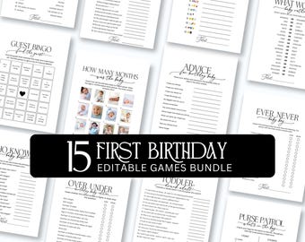 Bundel met spelletjes voor de eerste verjaardag, quizspel voor de eerste verjaardag, 15 bewerkbare Canva-feestspelletjes, printbare verjaardagsactiviteiten