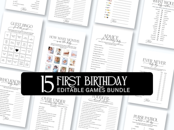 First Birthday Games Bundle, Editable Canva 1st Birthday Party Games, Printable Birthday Trivia Quiz, Minimalist Baby Games