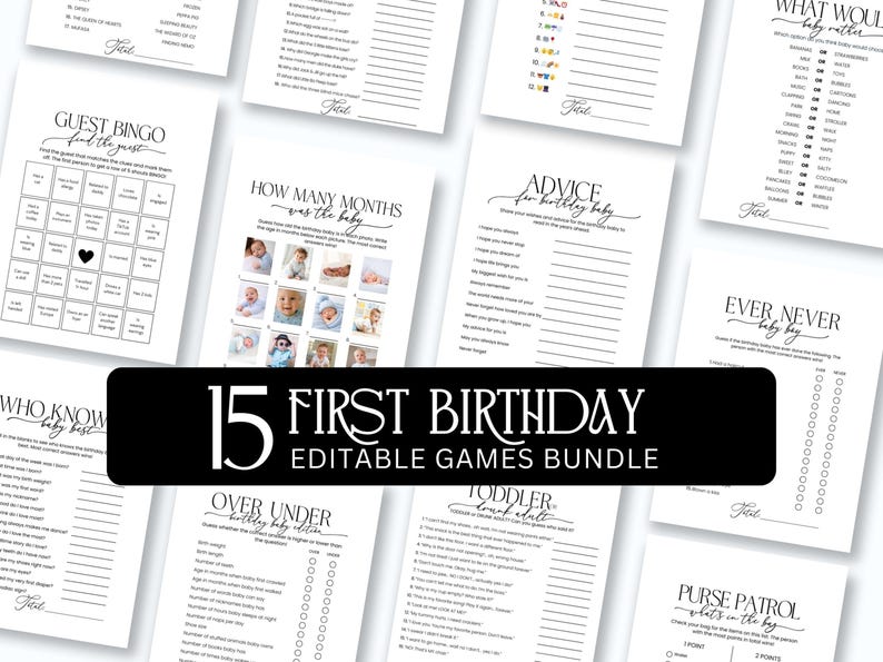 Pode incluir: Um conjunto de 15 jogos imprim&iacute;veis para o primeiro anivers&aacute;rio, incluindo bingo e cart&otilde;es de conselhos. O design &eacute; minimalista em preto e branco. Ideal para uma festa de primeiro anivers&aacute;rio, oferece atividades divertidas.