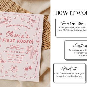 May include: A pink invitation card with rodeo-themed illustrations and text. The card reads "Olivia's First Rodeo!" with event details. The card also includes instructions on how to purchase, customize, and print the item.