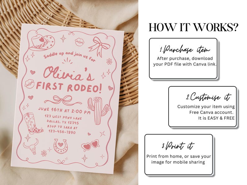 May include: A pink invitation card with rodeo-themed illustrations and text. The card reads "Olivia's First Rodeo!" with event details. The card also includes instructions on how to purchase, customize, and print the item.