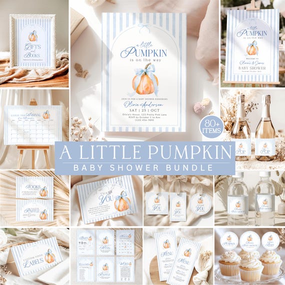 A Little Pumpkin Baby Shower Bundle, A Little Pumpkin Is on His Way, Blue Boy Fall Baby Shower, 80+ Editable Canva Templates