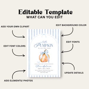 Puede incluir: Una plantilla de invitaci&oacute;n para baby shower editable con fondo de rayas azul claro, marco arqueado y una calabaza en acuarela con un lazo azul. El texto dice: A little PUMPKIN is on the way, Olivia Anderson, SAT 25 OCT.