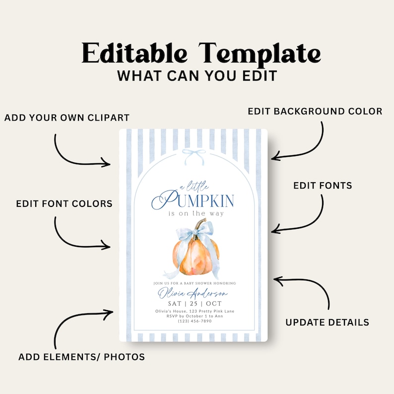 Puede incluir: Una plantilla de invitaci&oacute;n para baby shower editable con fondo de rayas azul claro, marco arqueado y una calabaza en acuarela con un lazo azul. El texto dice: A little PUMPKIN is on the way, Olivia Anderson, SAT 25 OCT.