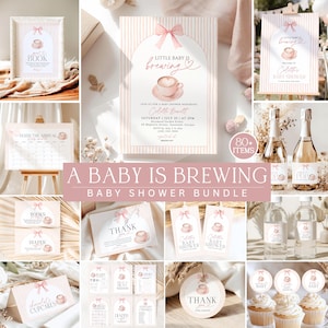 Kit per baby shower a tema caffè "A Baby Is Brewing Coffee", con inviti e giochi, fiocco a righe rosa "Cafe Bebe" e modelli Canva modificabili.