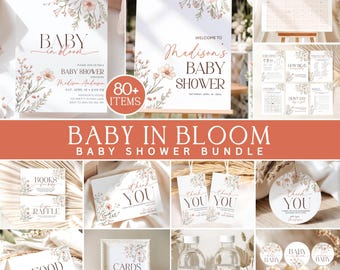 Baby in Bloom Baby Shower Invitation Bundle, Floral Boho Girl Baby Shower Decorations, Baby in Bloom Wildflower Baby Shower Editable Games