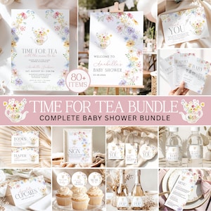 Tea Party Baby Shower Bundle, Time for Tea Baby Shower Invitation + Games, Pink Floral Teapot Par-Tea Invite, 80+ Canva Templates