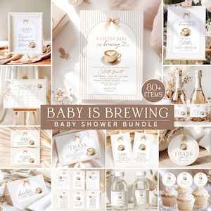 Paquete de invitaciones para baby shower "A Baby Is Brewing Coffee", Cafe Bebe, rayas marrones y lazo, plantillas editables de Canva