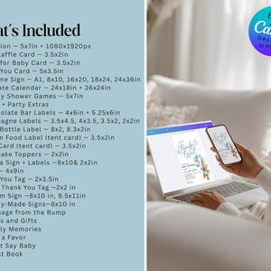 May include: A laptop and smartphone displaying a baby shower invitation design. The image also shows a list of included items, such as invitations, labels, and games. A teal and white color scheme is used throughout the design.