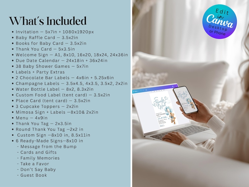 May include: A laptop and smartphone displaying a baby shower invitation design. The image also shows a list of included items, such as invitations, labels, and games. A teal and white color scheme is used throughout the design.