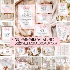 Pink Gingham Baby Shower Bundle, Pink Bow Baby Shower Invitation Bundle, Baby Shower Games, Baby Girl Shower Decor, Editable Canva Templates