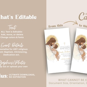 Pu&ograve; includere: Modelli di invito per battesimo e cresima. Il design presenta un'illustrazione di Ges&ugrave; che tiene in braccio un bambino. Il testo &egrave; modificabile, consentendo la personalizzazione dei dettagli dell'evento. &Egrave; incluso anche il logo Canva.